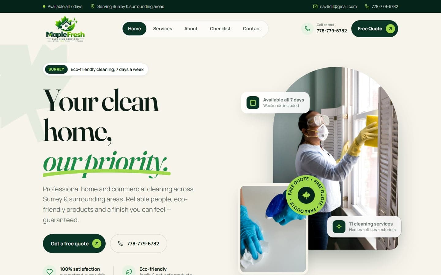 Maple Fresh Cleaning Services website homepage